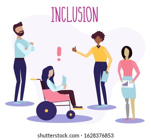 Handicapped people support, rehabilitation flat illustration. Social adaptation of disabled people,  employment, inclusive education metaphors.Vector isolated inclusion concept. wheelchair, prosthesis