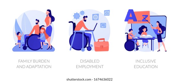 Handicapped people support and rehabilitation flat icons set. Social adaptation of disabled people, disabled employment, inclusive education metaphors. Vector isolated concept metaphor illustrations.