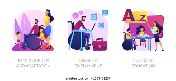 Handicapped people support and rehabilitation flat icons set. Social adaptation of disabled people, disabled employment, inclusive education metaphors. Vector isolated concept metaphor illustrations.