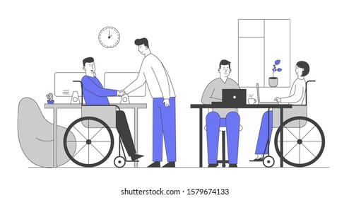 Handicapped People Working in Office. Disabled Man Shaking Hand with Colleague at Workplace. Business Woman Sitting in Wheelchair Work at Laptop with Partner. Flat Vector Illustration, Line Art