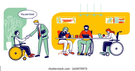 Handicapped People Working in Office. Disabled Man Shaking Hand with Colleague at Workplace. Business Woman Sitting in Wheelchair Work at Laptop with Partner. Cartoon Vector Illustration, Line Art