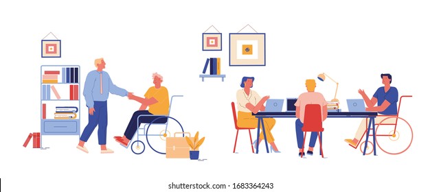 Handicapped People Working in Office. Disabled Man Character Shaking Hand with Colleague at Workplace. Invalid Business Man Sit in Wheelchair Work at Laptop with Partners. Cartoon Vector Illustration