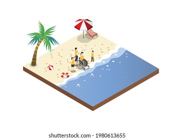 Handicapped person isometric vector concept. Handicapped man sitting on wheelchair while enjoying holiday with his family on beach