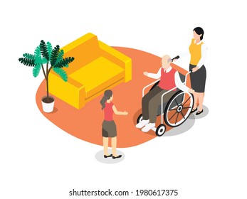 Handicapped person isometric vector concept. Disabled senior man sitting on wheelchair and pushed by young woman while want to hug his granddaughter