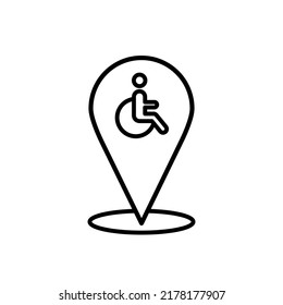 Handicapped Person Line Icon. Accessibility Wheelchair Outline Vector Icon. Map Pin Icon Depicting A Person With A Disability. Handicapped Parking Spot Map Pointer