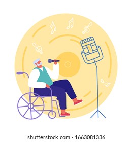 Handicapped Senior Man Sitting in Wheelchair Singing at Karaoke Bar. Disabled Male Character Enjoying Life Spend Time in Recreational Place Weekend Leisure Cartoon Flat Vector Illustration, Round Icon