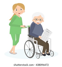 Handicapped senior man in a wheelchair. Special needs man. Caring for seniors, helping moving around. Elderly care. Vector illustration.