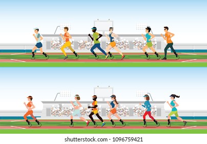 Handicapped sprinter with prosthetic leg running on race track, sport and competition vector illustration.