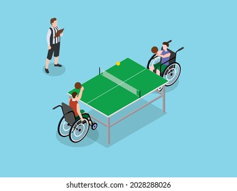 Handicapped table tennis player competing in a championship. Isometric vector concept