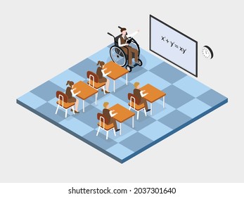 Handicapped teacher sitting on wheelchair while teaching math on high school students in the classroom. isometric vector concept