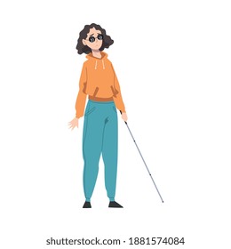 Handicapped Weak Sighted Woman with White Cane Feeling Sad Vector Illustration