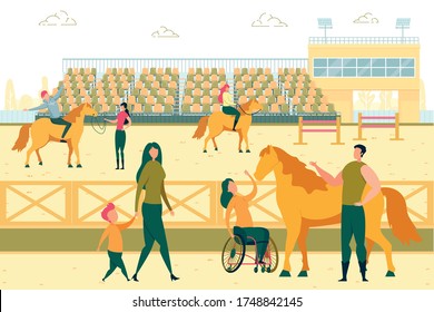 Handicapped Woman Petting Horse. Animal Therapy while Horseriding. Sport Training for Disabled Rehabilitation and Recovery. People Learning how to Ride, Hippotherapy Flat Cartoon Vector Illustration.