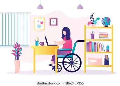 Handicapped woman studying at workplace. Female character sits in wheelchair. People disability. Concept of social adaptation and homeschooling. Room interior design. Trendy flat vector illustration