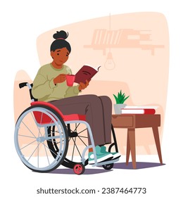 Handicapped Woman In A Wheelchair, Engrossed In Her Book. Character Radiates A Powerful Blend Of Strength And Intellect As She Embraces The World Through Literature. Cartoon People Vector Illustration