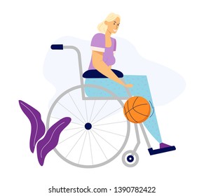 Handicapped Woman In Wheelchair Playing Basketball. Disabled Athlete Sportswoman, Rehabilitation Physical Activity Concept. Vector Flat Cartoon Illustration