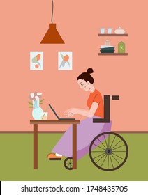 Handicapped woman working at home with computer vector illustration. Online education of a invalid lady. Young female in a wheelchair as a freelancer. Disabled girl daily life. 