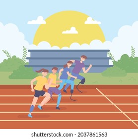 handicapped youth on the track, cartoon