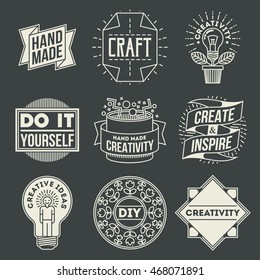 Handicraft and DIY Insignias Logotypes Template Set 5 on Dark. Line Art Vector Elements.
