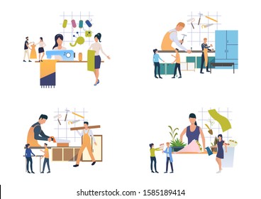 Handicraft industry set. Tailor, carpenter, florist at work. Flat vector illustrations. Occupation, job concept for banner, website design or landing web page