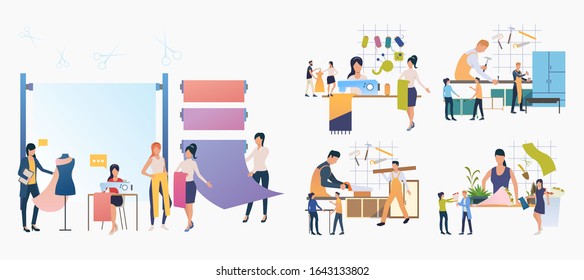 Handicraft industry set. Tailor, carpenter, florist at work. Flat vector illustrations. Occupation, job concept for banner, website design or landing web page