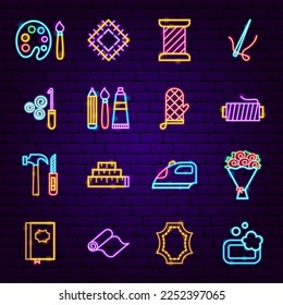 Handicraft Neon Icons Set. Vector Illustration of Handmade Object. Glowing Art.