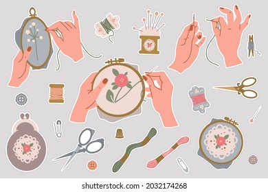 Handicraft stickers set with beautiful female hands and embroidery tools. Hoop, thread, scissors, etc. Flat vector graphics.