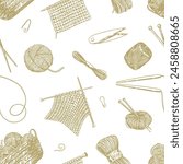Handicraft tools, hobby knitwork seamless pattern. Ornament of knitting needles, yarn, stitch marker, scissors. Vector design in engraving style.
