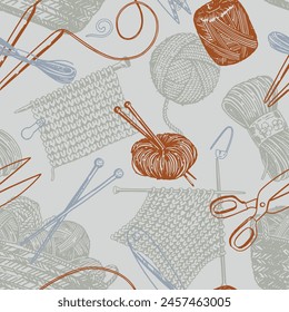 Handicraft tools, hobby knitwork seamless pattern. Ornament of knitting needles, yarn, stitch marker, scissors. Vector design in engraving style.