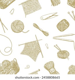 Handicraft tools, hobby knitwork seamless pattern. Ornament of knitting needles, yarn, stitch marker, scissors. Vector design in engraving style.