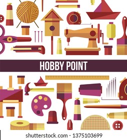 Handicraft tools hobby point seamless pattern leisure activity vector knitting and sewing carpentry and paint origami and cut out painting and building threads and easel hammer and ruler stationery