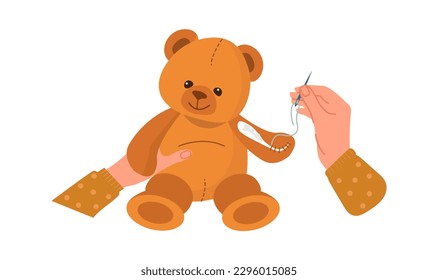 Handicraft toy bear concept. Hand with needle near ivy toy with ieces of fabric. Art and creativity. Needlework and craftwork. Tailor and seamstress. Cartoon flat vector illustration