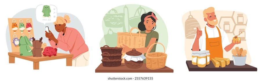 Handicraft toy master, craftswoman wicker basket weaver, apiarist showcasing products cartoon scene. Small business owner shooting content for blog, presenting and promoting goods vector illustration