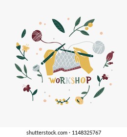 Handicraft workshop. Vector cartoon illustration of knitting icon. Hands hold needles. Colored isolated symbol. Workshop announcement.