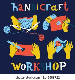 Handicraft workshop. Vector colorful cartoon illustration of creative kids lab, top view table with creative kids hands. Cutting paper, painting and sketching, knitting, embroidery, applique, sawing. 