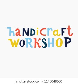 Handicraft workshop. Vector colorful cartoon illustration of creative kids lab, top view table with creative kids hands. Cutting paper, painting and sketching, knitting, embroidery, applique, sawing. 