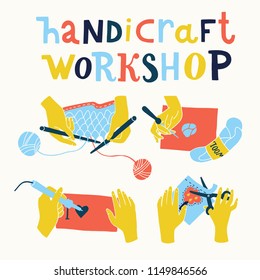 Handicraft workshop. Vector colorful cartoon illustration of creative kids lab, top view table with creative kids hands. Cutting paper, painting and sketching, knitting, embroidery, applique, sawing.