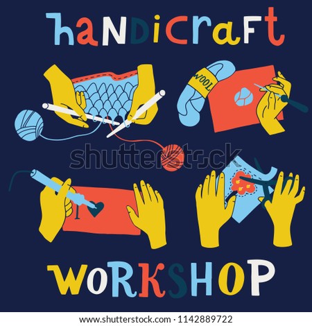 Handicraft workshop. Vector colorful cartoon illustration of creative kids lab, top view table with creative kids hands. Cutting paper, painting and sketching, knitting, embroidery, applique, sawing. 