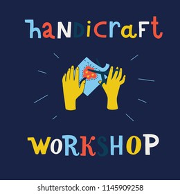 Handicraft workshop. Vector illustration. Cutting paper, applique. Kids creation. Cartoon vector illustration of Hobby and crafts banner, working, cuting, hands top view. Colorful graphic concept.