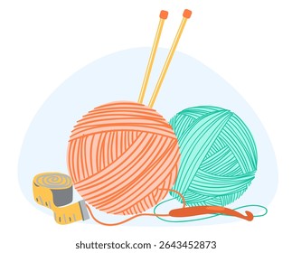 Handicraft yarn for knitting wound into balls. Wool ball. Crochet hook. Needles and measuring tape. Handmade needlework. Craft accessory. Sewing tools. Cozy roll skein. Vector creative hobby concept