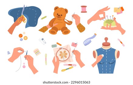 Handicrafts by hand set. Collection of hands that make clothes, toys. Seamstress and mannequin, character holding needle and thread. Cartoon flat vector illustrations isolated on white background