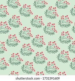 Handillustrierte nahtlose Vektorblumenmuster. Handgezeichnete botanische Beeren mit roten Beeren und grünen Blättern auf hellgrünem Hintergrund. 