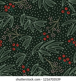 Hand-illustrated seamless vector retro Christmas holiday floral pattern. Hand-drawn botanical Xmas winter background with red berries, green leaves and snow.