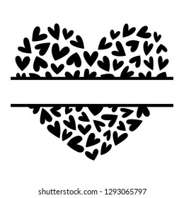 Hand-illustrated vector heart monogram frame in black and white. Hand-drawn split monochrome Valentine's Day love illustration isolated on a white background.