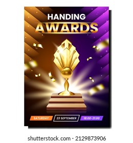 Handing Awards Creative Promotional Banner Vector. Handing Awards To Winner On Cinema Festival Ceremony Advertising Poster. Golden Trophy And Confetti Stylish Concept Template Illustration