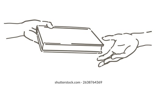 Handing a book from hand to hand. Simple line. Vector sketch illustration.