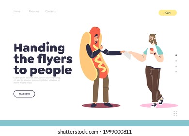 Handing flyers to people concept of landing page with street food cafe promoter dressed as hot dog distributing leaflets with discounts and promotion commercial. Cartoon flat vector illustration