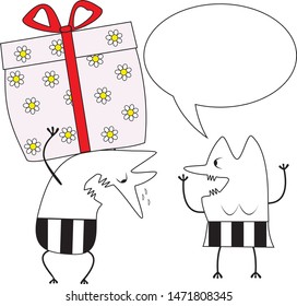 handing a large gift box in funny hand-drawn cartoon style