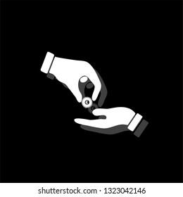 Handing money. White flat simple icon with shadow