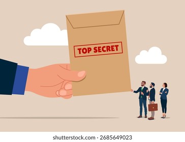 Übergabe von Verschlusssachen. Große Hand mit versiegeltem TOP SECRET-Umschlag, vertraulichen, geheimen Informationen und eingeschränktem Zugriff. Vektorgrafik
