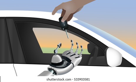 Handing over control. A Human handing over car keys to robotic hand.
